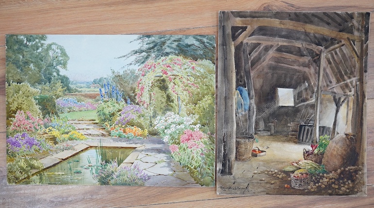 Teresa Stannard (1898-1947), two watercolours,The Old Barn and The Garden Pond, each signed, largest 28 x 38cm, unframed. Condition - fair to good